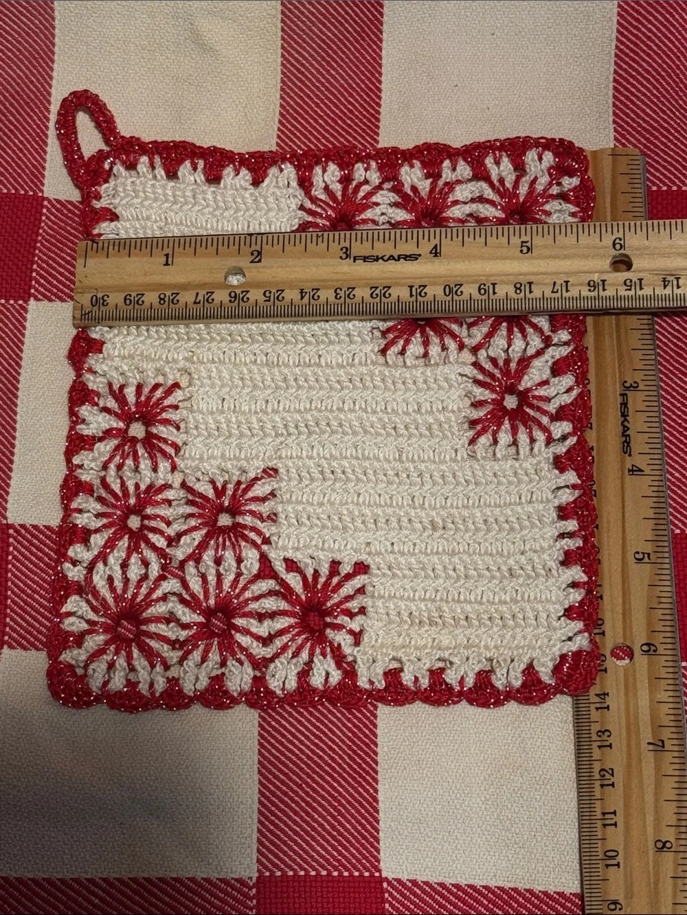 Handmade Cream and Red Crochet Pot Holder